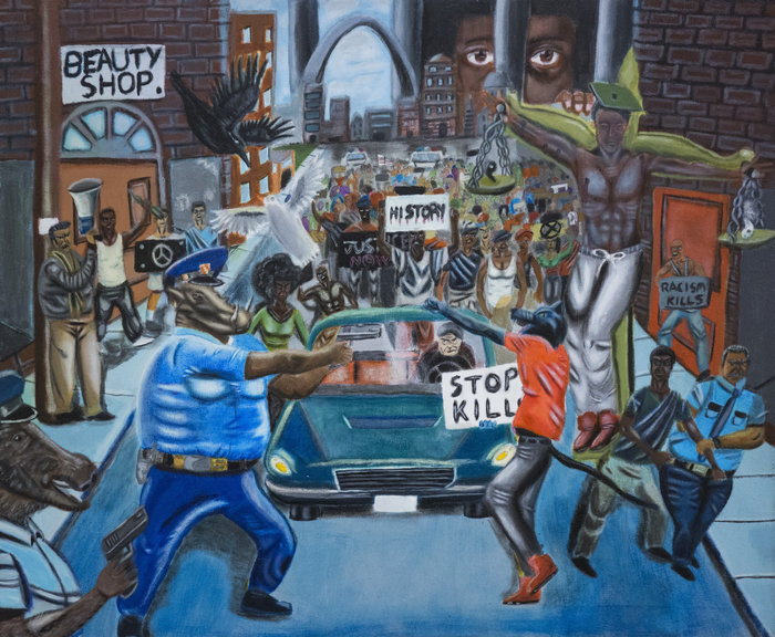 Painting showing horned police officer holding gun with protesters filling street